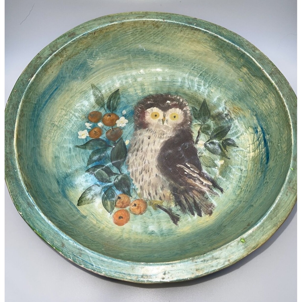 Vintage Mexican Folk Art Painted Carved Wood Bowl Woodland Owl Cottagecore